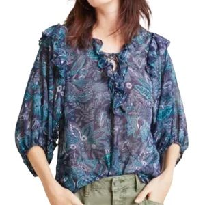 Anthropologie Navy Floral Sheer Ruffle Detailed Blouse